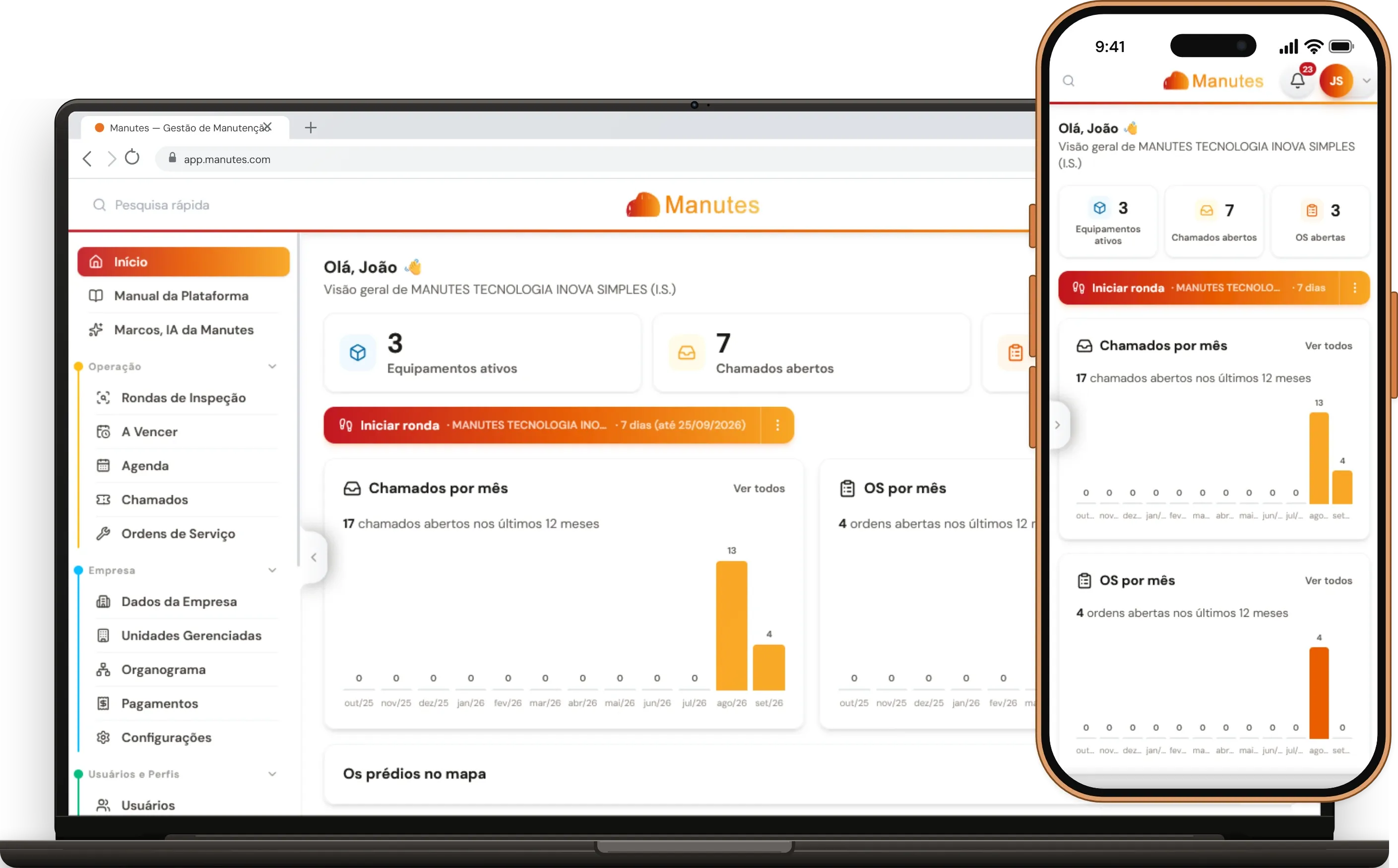 A Manutes no computador e no celular: o Início com equipamentos ativos, chamados abertos e OS abertas da empresa, o botão de iniciar ronda, os gráficos de chamados e de OS por mês e a lista de unidades com o que está atrasado